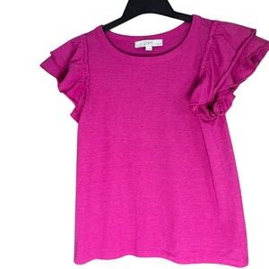 LOFT Pink Ruffle Sleeve Tee Top | Soft Knit Flutter Sleeve Blouse XSP
